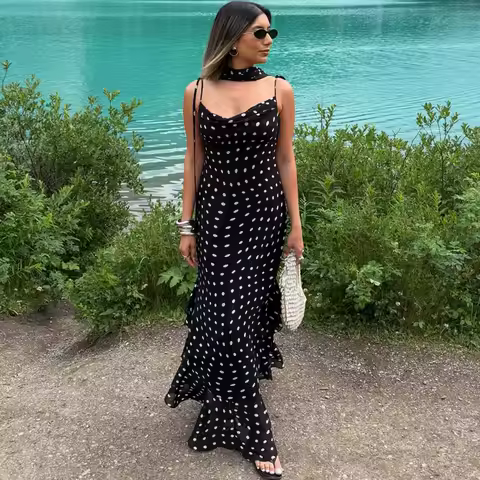 Tuularose Elegant Polka Dot Long Dress Summer Scarf Ribbon Ruffle Halter Pleated Dress Luxury Sleeveless Women's Evening Dresses