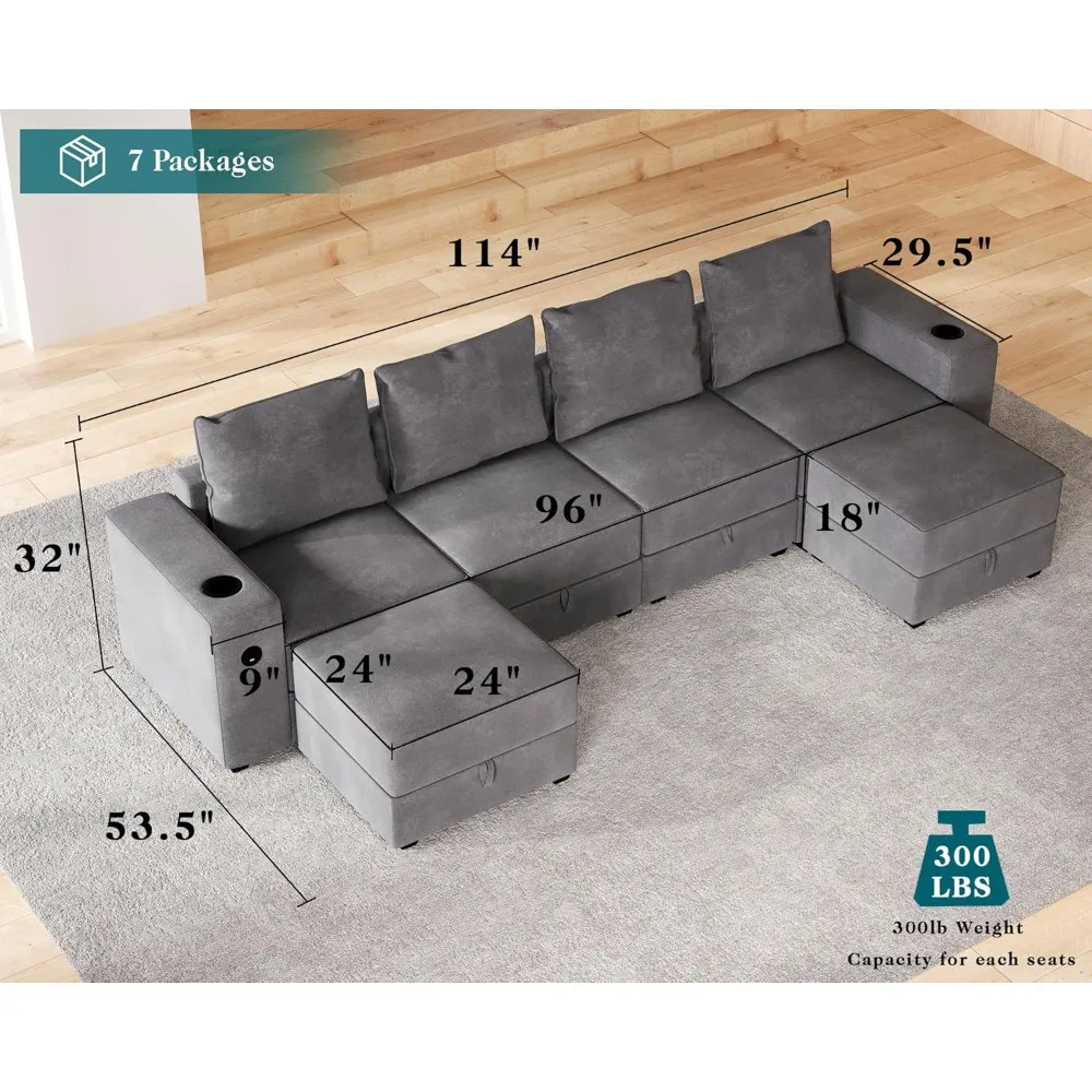 Sectional Sofa, 114 Inch Modular Sectional Sofa with 2 USB Ports & Cup Holders, 6 Seats U Shaped Couch with Storage, Ottomans