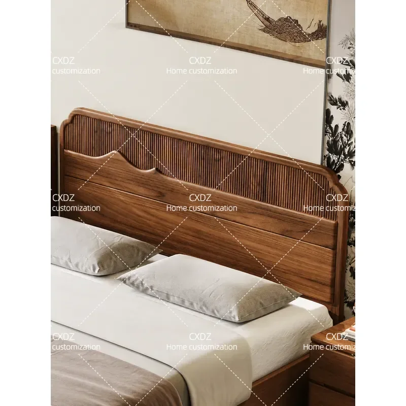 Russian Elm Solid Wood Bed Frame with Mountain and Sea Grille Design Silent Double Bed for Master Bedroom Large Log Platform