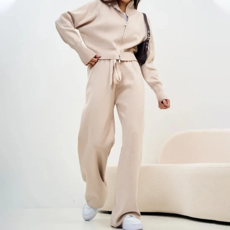 

Pant Set Women Two Piece Sets Turn Down Collar Zipper Matching Sets Knitted Coats Wide Leg Long Pants High Waist Y2k Streetwear