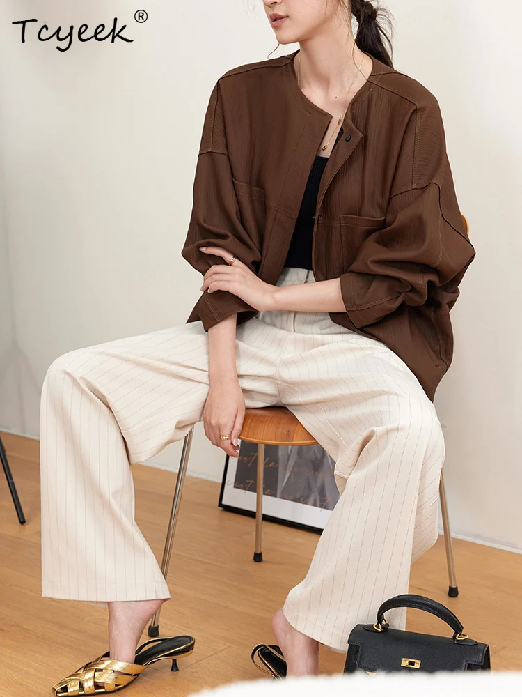 Tcyeek 리얼 양가죽 봄 가을 하이엔드 레트로 라운드 넥 여성용 천연 가죽 재킷 여성용 진짜 가죽 재킷