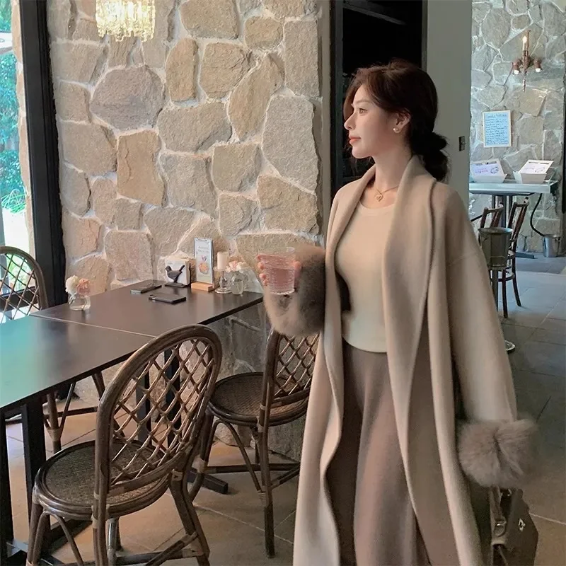 Nieuwe Natuurlijke Vossenbont Dikke Dubbelzijdige Wollen Jas Vrouwelijke Korte Herfst Winter Losse Lace-up Wollen Jassen Damesmode Overjassen