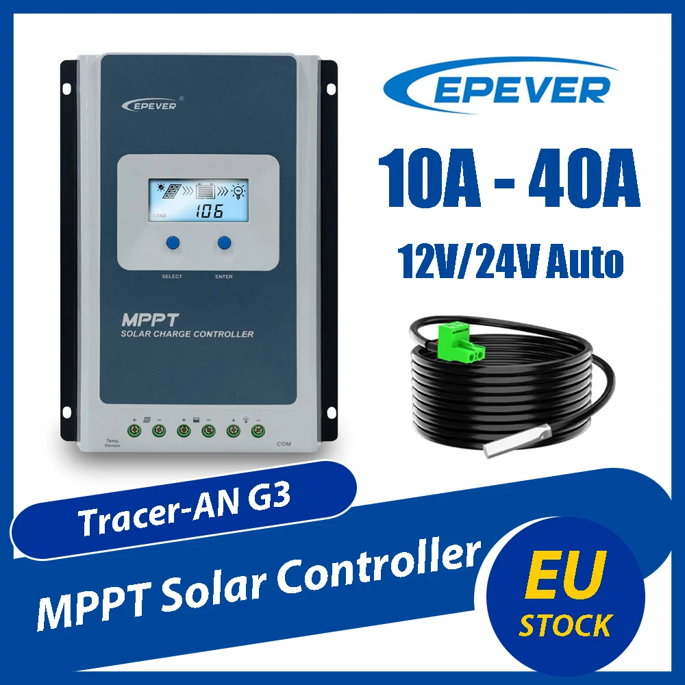 Regolatore di Carica Solare MPPT EPEVER 40A 30/20/10A per Sistemi 12V 24V DC, Regolatore Pannello Fotovoltaico con LCD Tracer-AN G3 e Sensore di Temperatura