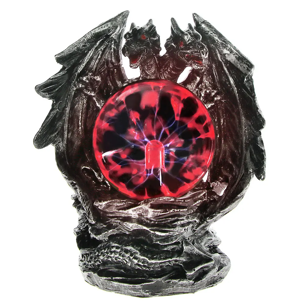 Saurian Gazing Two-headed Dragon Power Tesla Figurine Ornament Gothic Sculpted Resin Dragon Statue With Glowing Plasma Ball