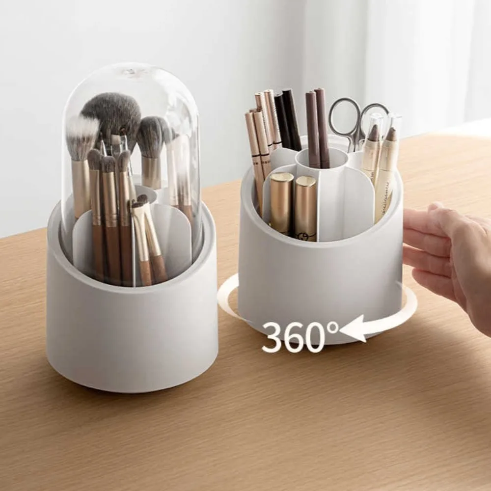 Caixa de armazenamento rotativa para pincéis de maquiagem, portátil, multifuncional, à prova de poeira, organizador de mesa, batom, sombra, suporte cosmético