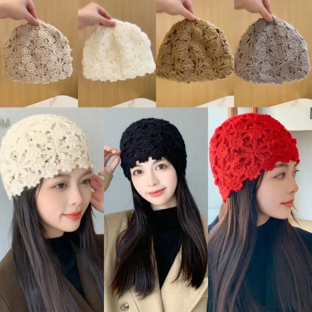 

Sweet Handwoven Crochet Pullover Hat Retro Lace Basin Hat Handmade Hollow Out Knitted Beanie Cap Women