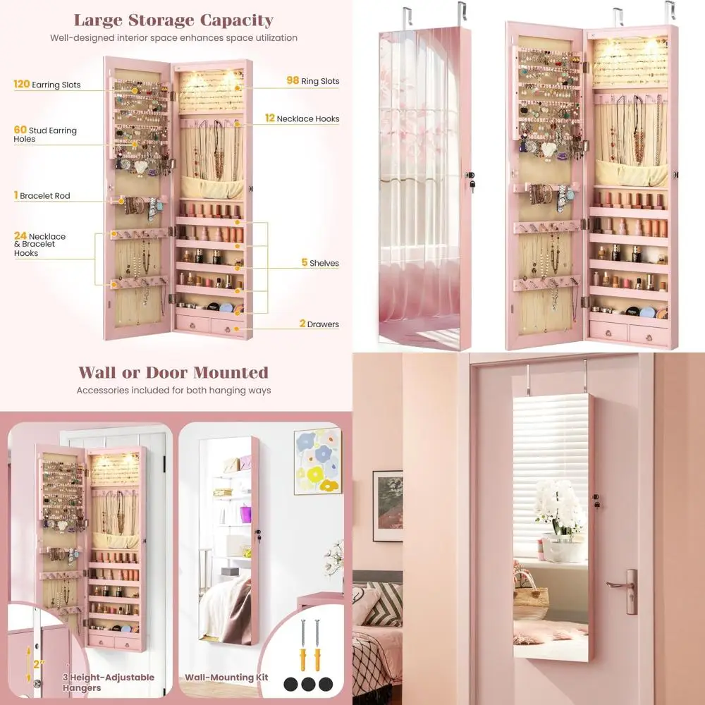 

Over-the-Door Light Pink Jewelry Cabinet with 47.5 Mirror, 2 Drawers, LED Lights & Lock