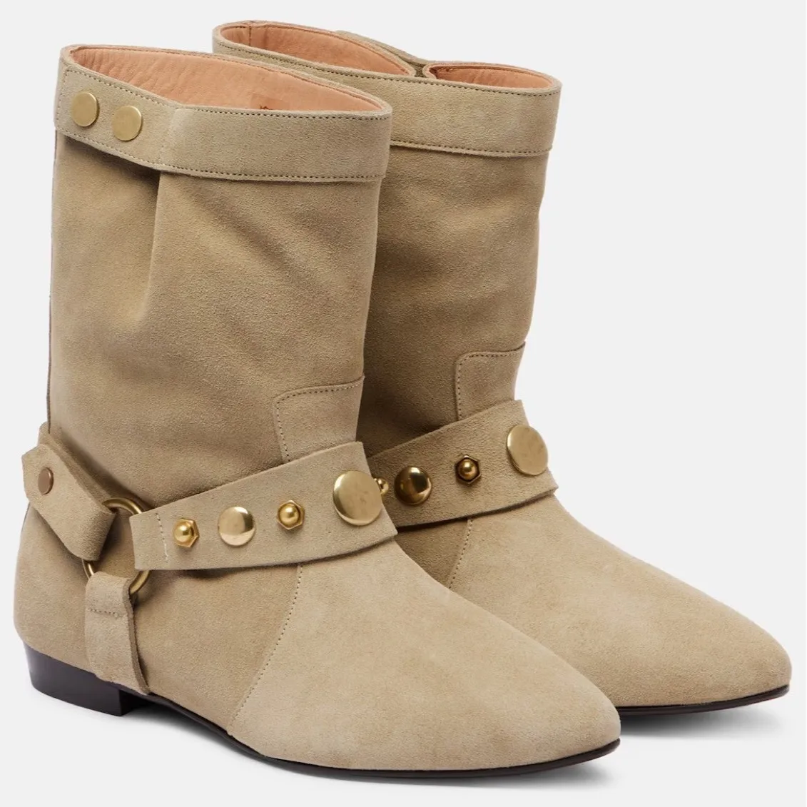 벨트 버클 스웨이드 뾰족한 앞코 숏부츠 야외용 굵은 굽 메탈 버튼 장식 여성용 웨스턴 부츠 보헤미안 스타일 신발