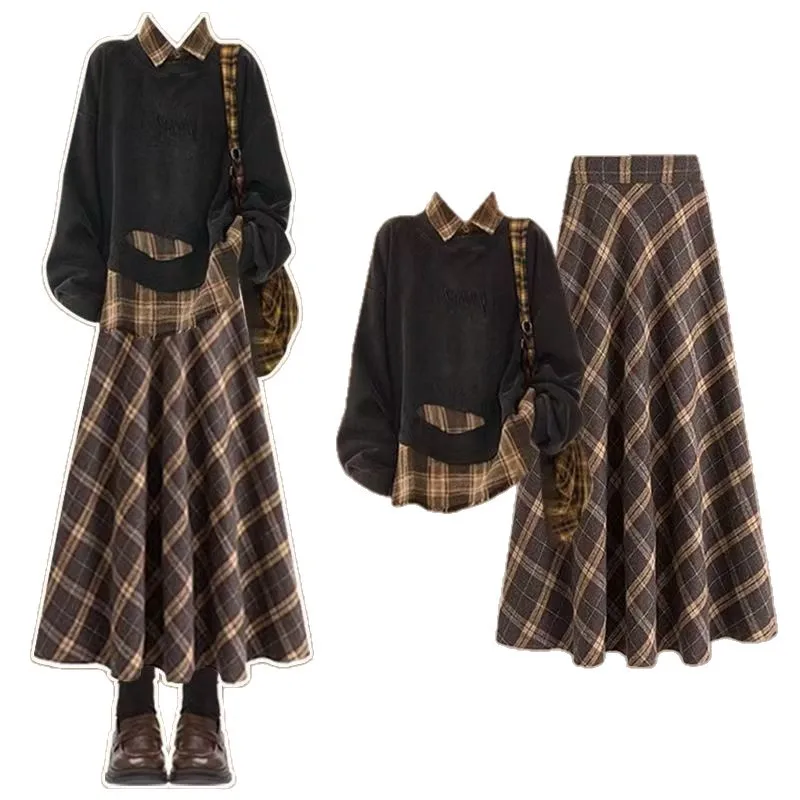 

Модный комплект, женский весенне-осенний новый высококачественный повседневный топ + темпераментная утягивающая клетчатая юбка, комплект из двух предметов