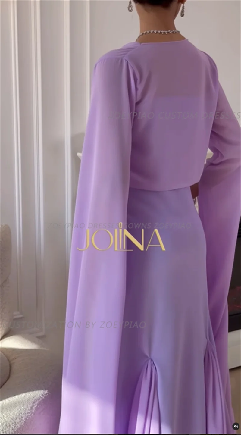 Vestido largo de satén y gasa sin tirantes para mujer, prenda de noche de manga larga con capa, color morado, Formal, para fiesta de boda, Arabia