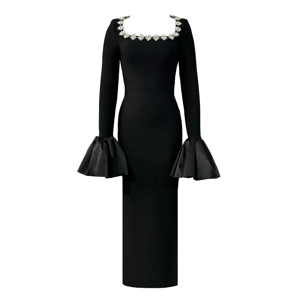 2025 New Women Elegant Bandage Dress Beading Flare Sleeve Patchwork Clothes Celebrity Party Dresses