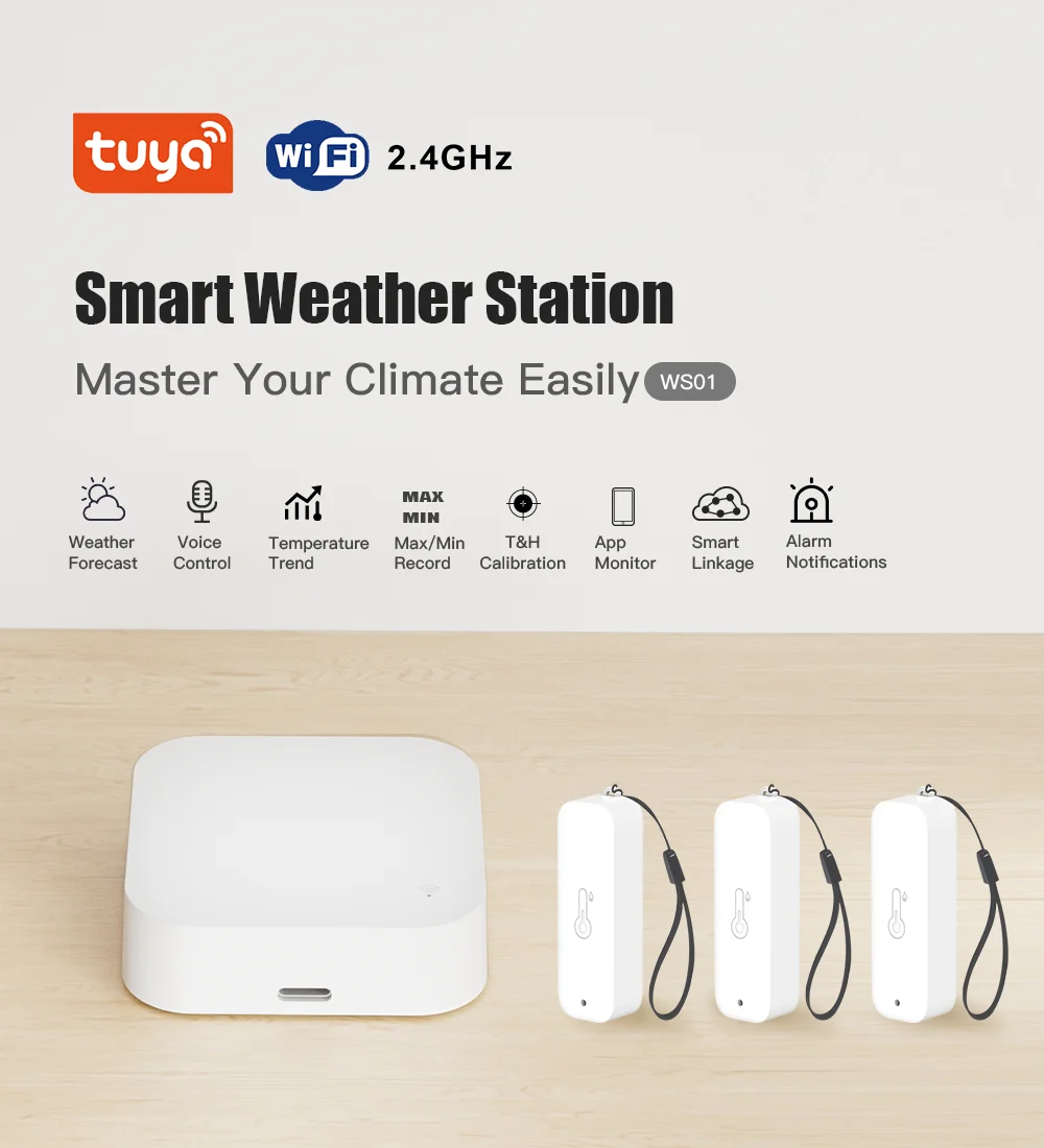 Tuya WiFi Weather Station Temperature Sensor Smart Thermohygrometer Kit 433mhz Thermohygrometer with App Alert work with Alexa