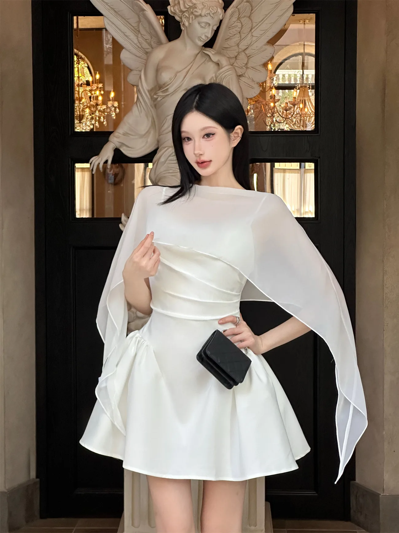 Elegant Simple Strap Folded Waist Dress Sunscreen Shawl Black Beige Qianjin Hanfu Women's Clothing Summer Season Chinese Origin