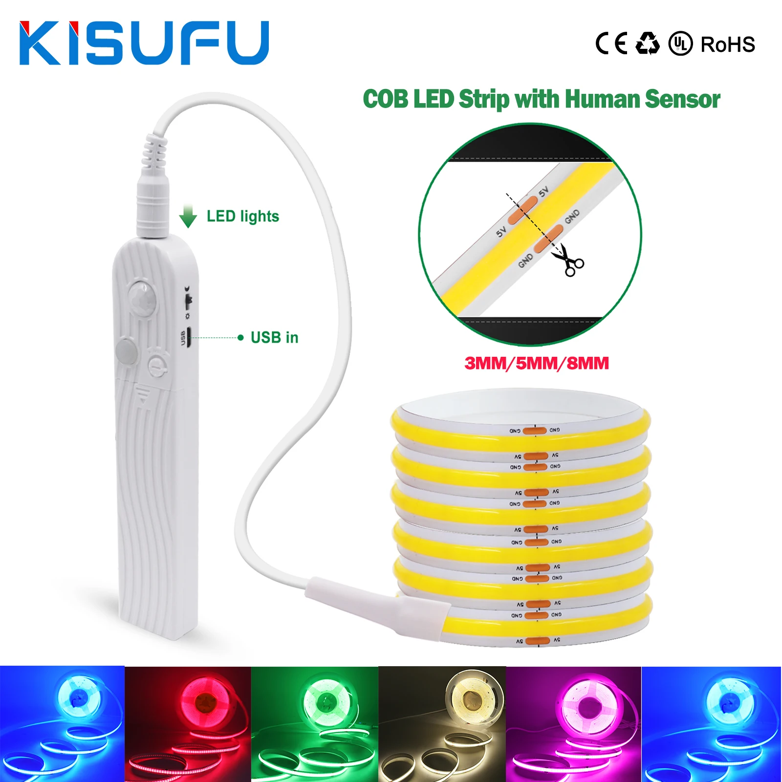 3mm 5mm 8mm COB LED Strip with Human Sensor Battery Box 5V 320LED White Red Blue Green Yellow Flexible COB Induction Night Light