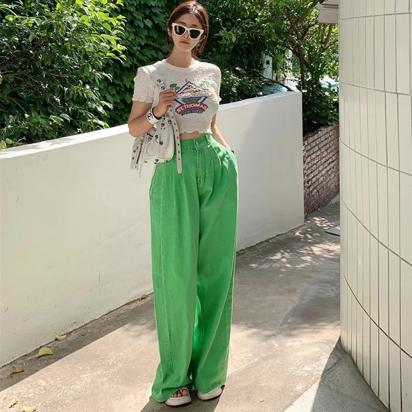 

High Waist Pleated Straight Leg Jeans Women's Loose Concealing Eye-ching Fre een Wide Leg Floor-Length Pants Trendy INS