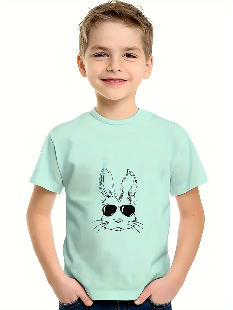 

Easter Themed Graphic Print T-shirt For Kids, Trendy Short Sleeve Top For Spring And Summer, Boy's Clothing