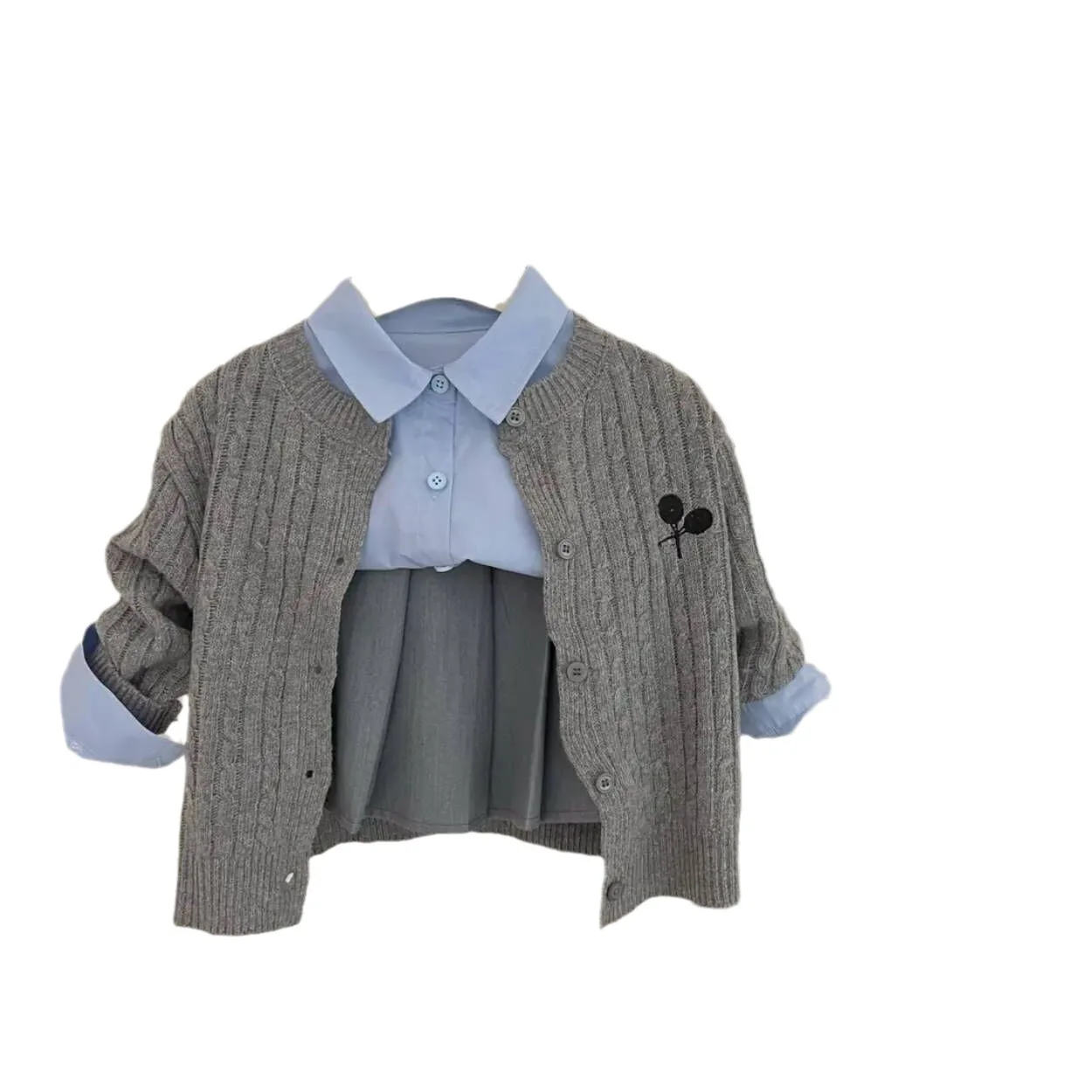 2024 Autumn Kids Baby Girls 3PCS Clothes Set Cotton Blue Shirts Pleated Gray Skirts Knitted Cardigan Suit Toddler Girls Outfits