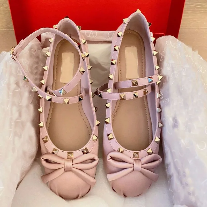 Studded satin ballet shoes women\'s single shoes wear flat round head cross buckle with bow pumps High quality soft-soled shoes