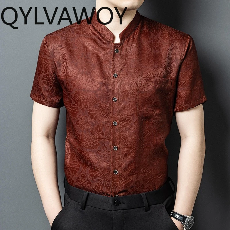 QYLVAWOY 100% Mulberry Silk Men's Shirts Summer Clothes for Man High Quality Shirts 2025 New Man Shirts Satin Short Sleeve Daily