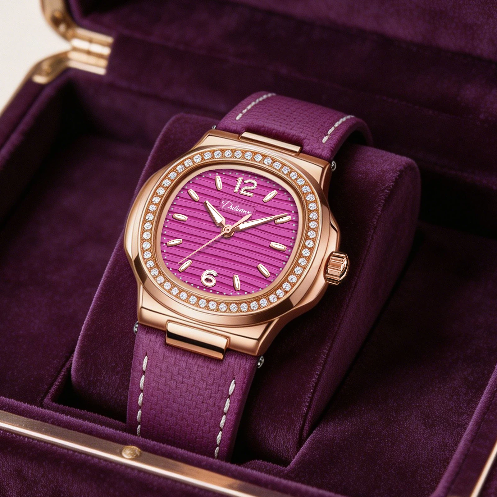 Dulunwe Fashion Elegant Women's Watches Mechanical Automatic Watch Exquisite Zircon bezel Wavy Striped Dial Design Fluororubber