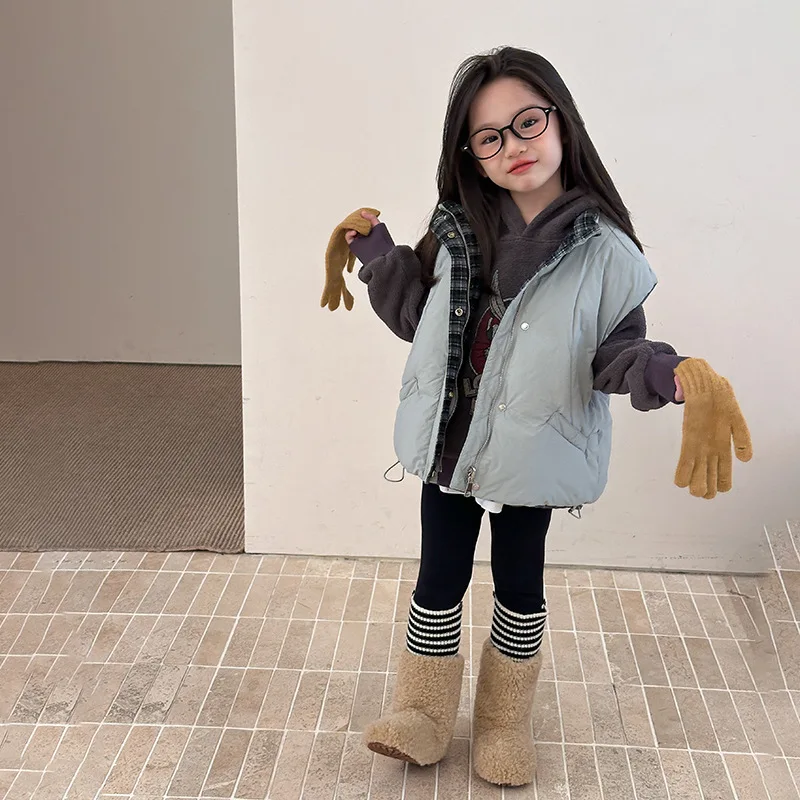2025 Girls Winter Warm Air-convertible Cotton Solid Color Reversible Plaid Loose Stand-up Collar Cotton Vest Boutique