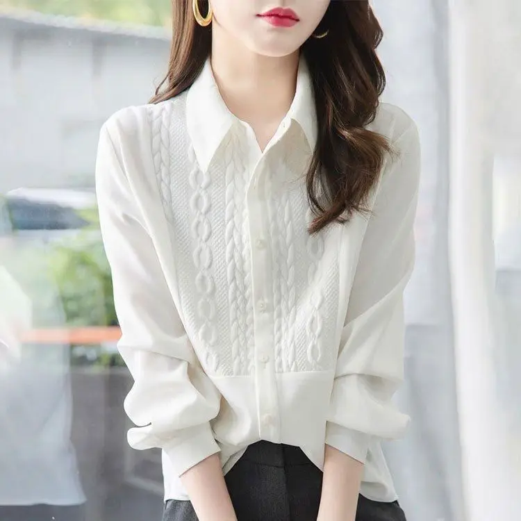 Sophisticated Shirt Tailored Extended Sleeve Blouse Pristine White Button-Front Blouse Versatile Workwear Relaxed Shirt