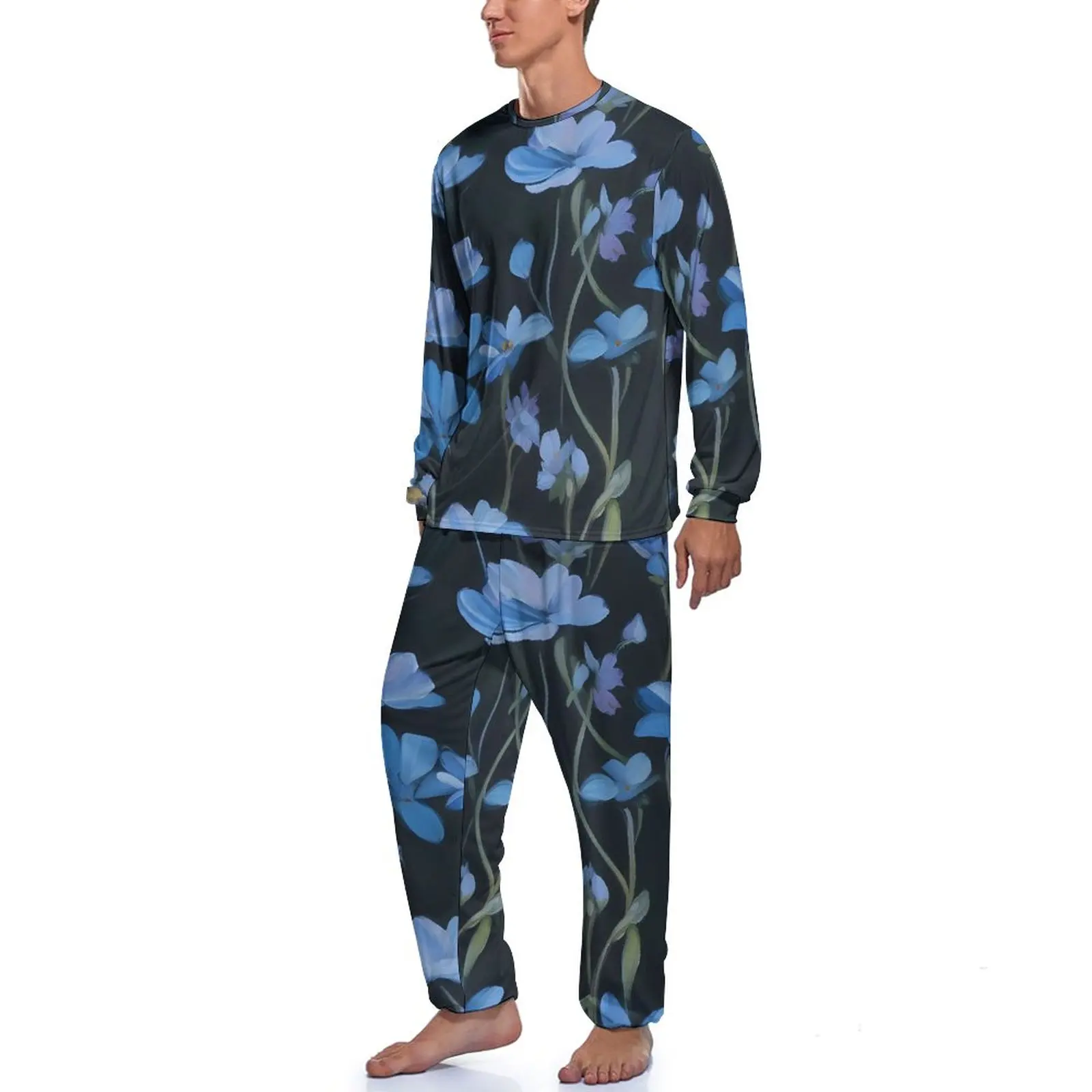 Blue Floral Pajamas Winter 2 Piece Elegant Flowers Fashion Pajama Sets Man Long Sleeves Casual Custom Nightwear