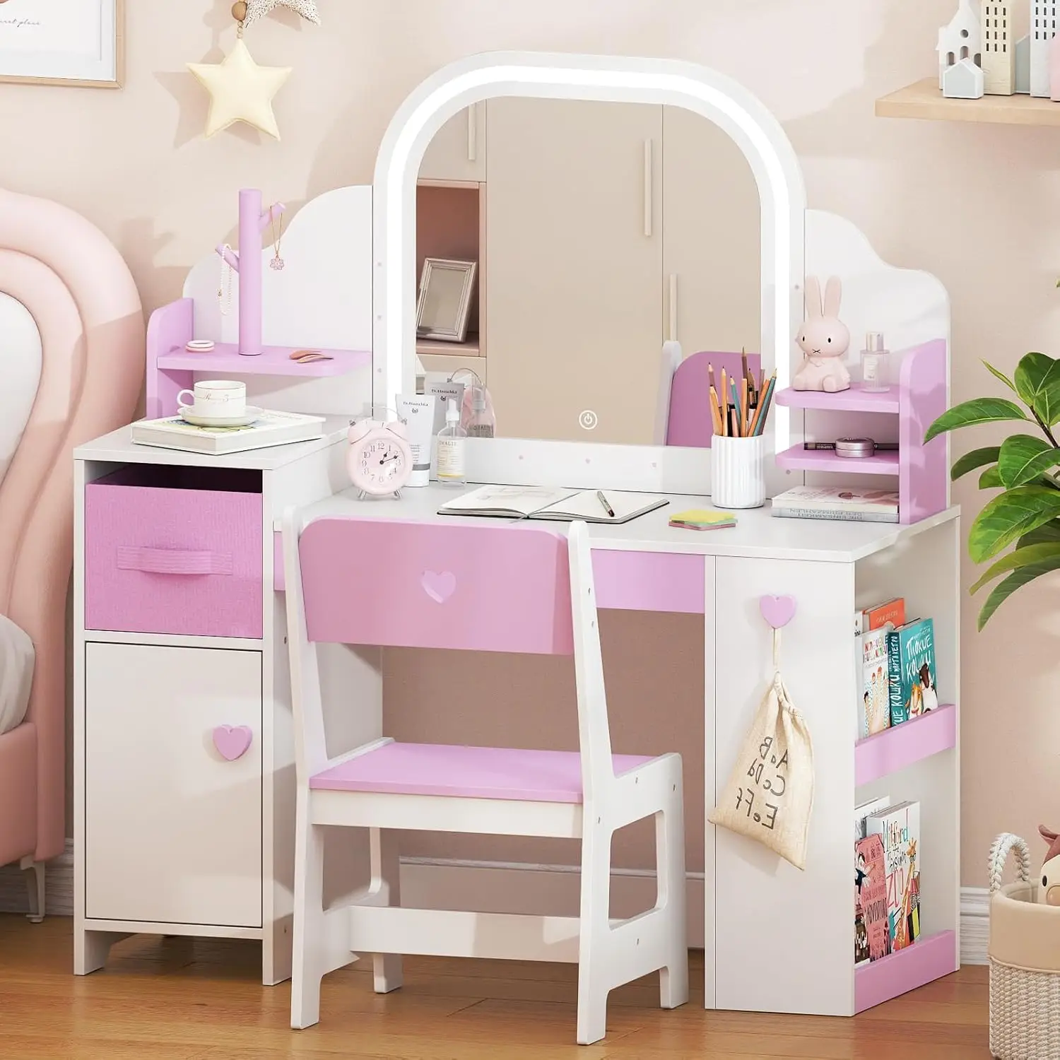 

Kids Vanity with Lights and Chair, Princess Makeup Vanity Desk with Mirror Bookshelf Storage Cabinet,3 in 1 Toddler Vanity Table