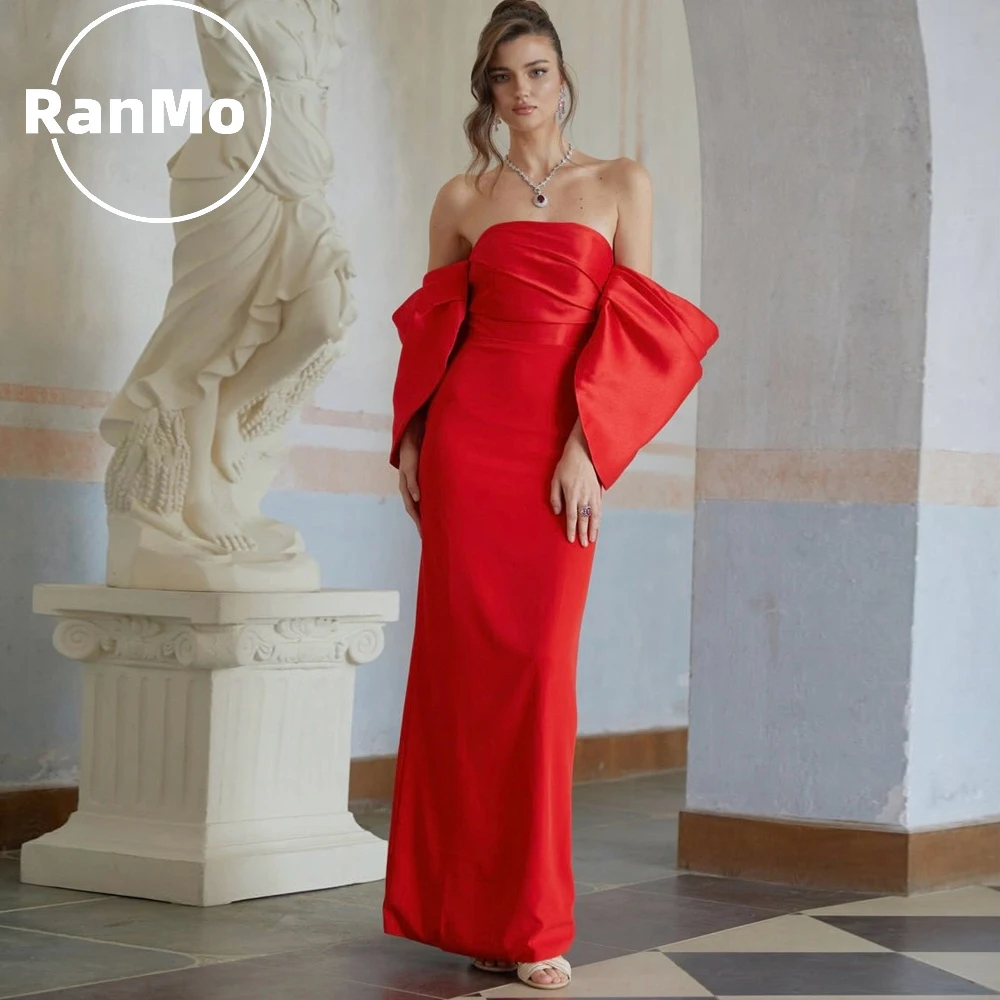 

Ranmo Customized Red Fashion Mermaid Jersey 2026 Pleat Ruched Straight Off-the-shoulder Floor-Length Evening Dresses For Wedding