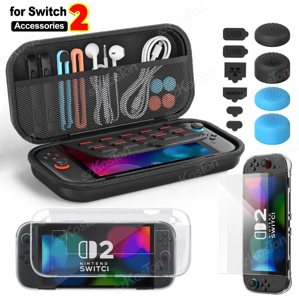 الكل في واحد ملحقات للتبديل 2 حقيبة حمل واقي للشاشة حافظة شفافة مقابض الإبهام مجموعات الغبار لمجموعة تخزين Switch2