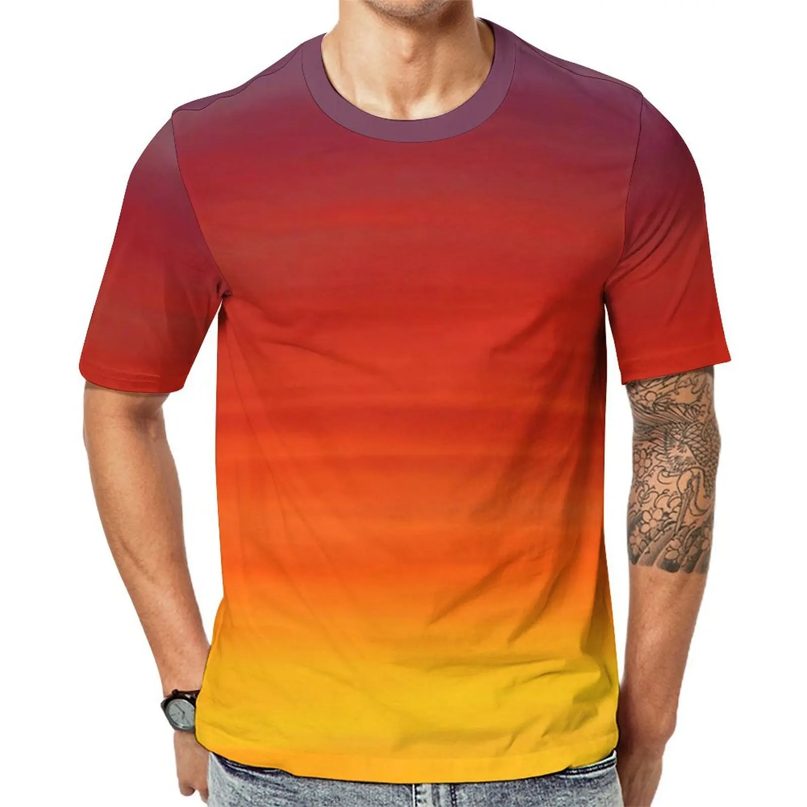 Man Bright Sunset T Shirt Red and Orange Sky Retro T-Shirts Short-Sleeve Custom Tshirt Cheap Summer Awesome Oversized Clothes