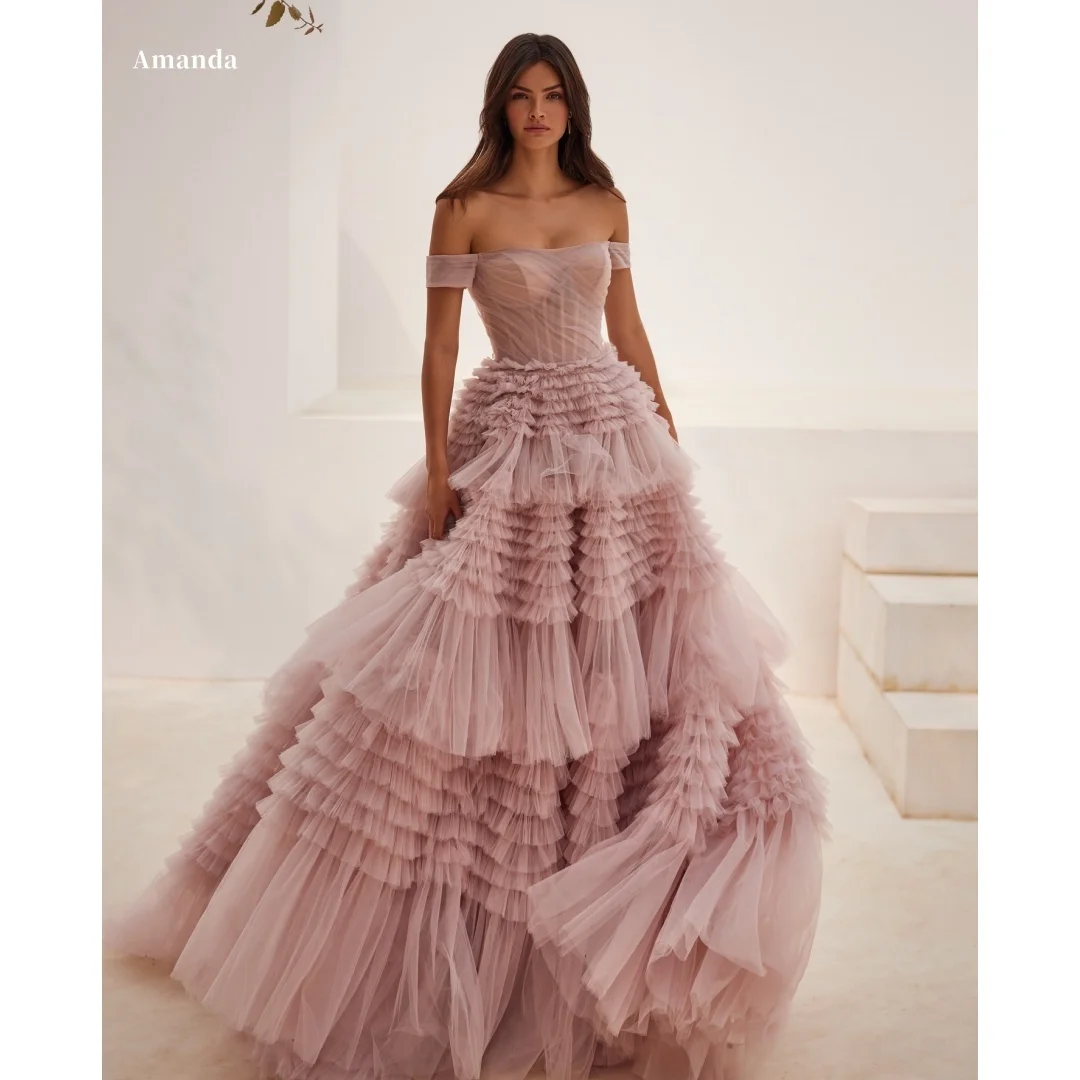 

Amanda Customized dusty pink off shoulder Prom Dress sheer tulle tiered ruffled ball gown vestidos de noche for elegant Formal