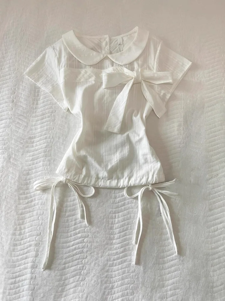 

Japanese Kawaii Doll Collar Bow Shirt Women Summer Slim Sweet College Style Lovely Blouse New Design Fashion Cute Fairy Clothing