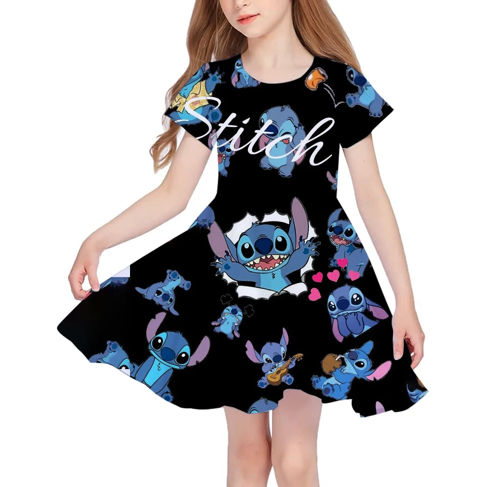 Summer New Children's Clothing 3d Printed Romantic Stitch Cute Girl Short-Sleeved Dress 3-14 Years Old Kids Performance Clothing