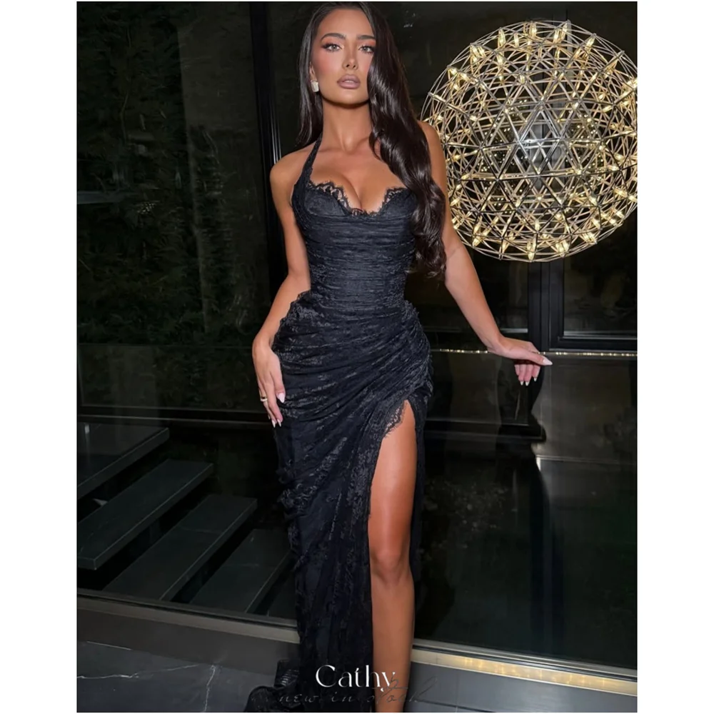 

Cathy индивидуальное черное платье для выпускного вечера с кружевными складками и высоким разрезом по бокам без рукавов, платья de noiva, вечерние платья длиной до пола