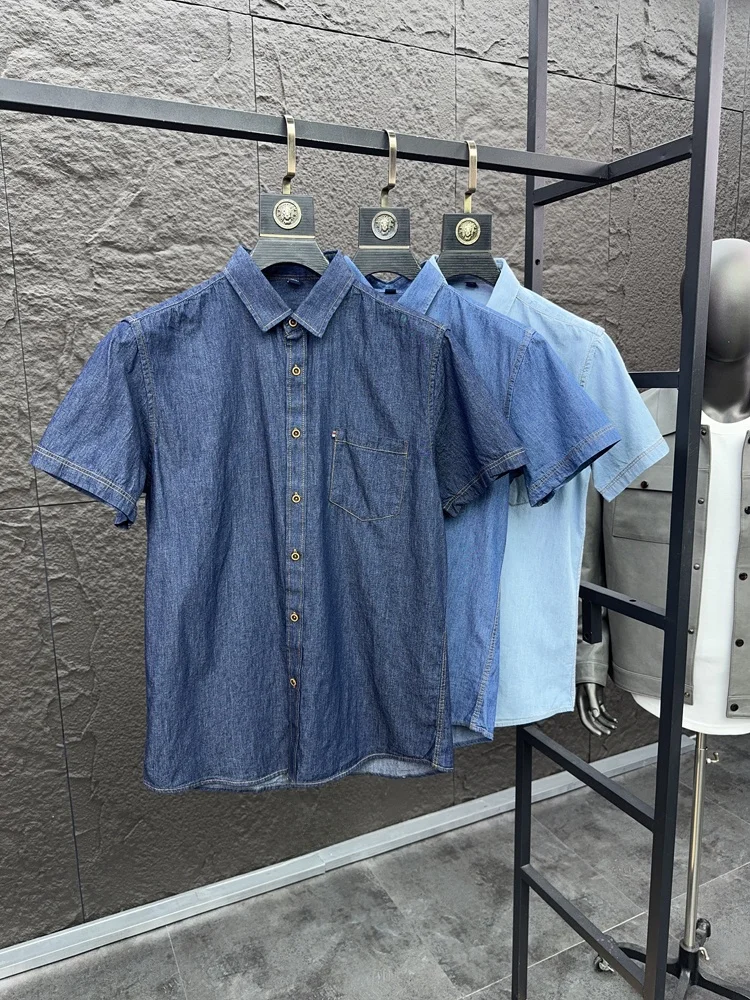 

Svip Retro Japanese Sle 00 Cotton Summer Casual ort Sve Button up Pure Color ket Breathable Men's Denim irt