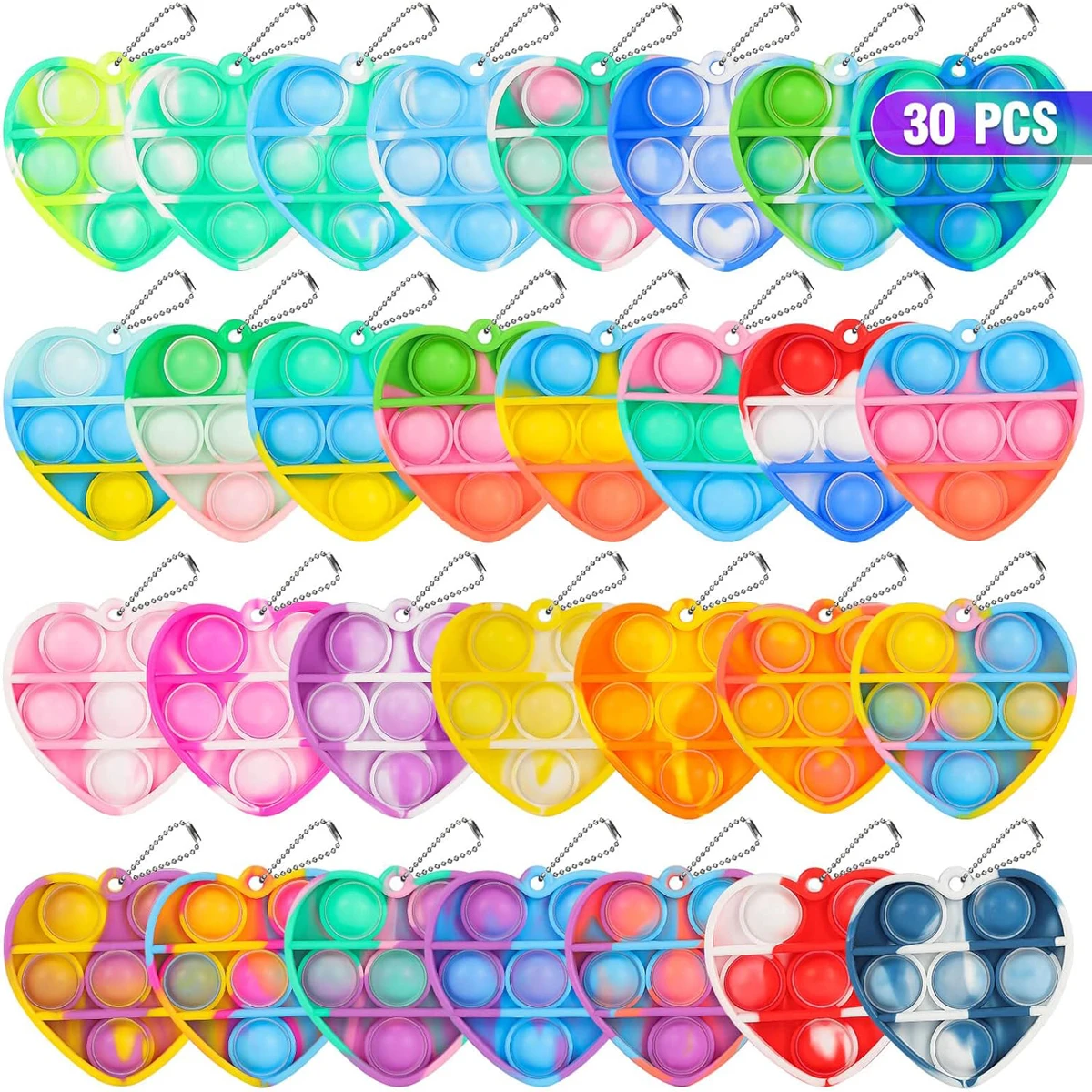 30pcs Pop Keychain It Fidget Toys Bracelet Heart Key Ring Rainbow Sensory Toys Set Pack Bulk Classroom Prizes Party Favors