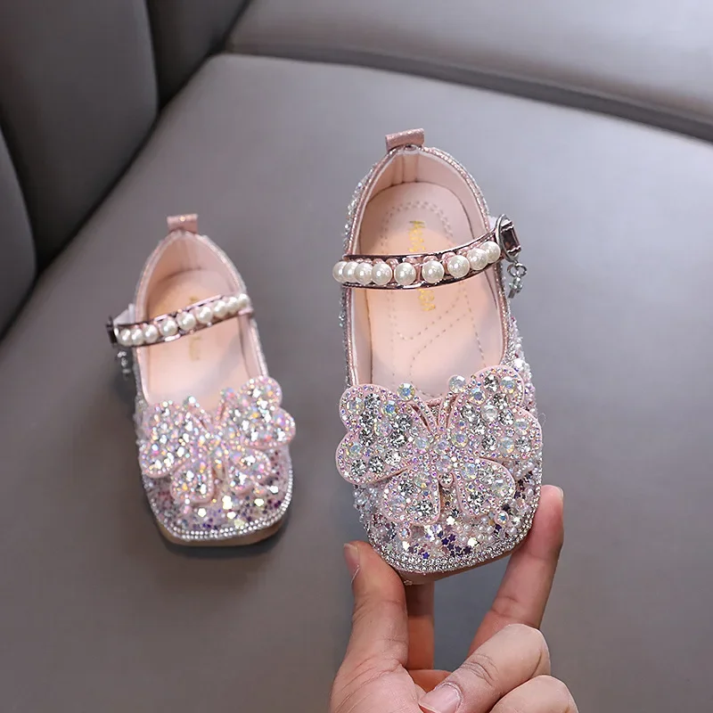 

Children's Shoe for Girl Shallow Sweet Kids Leather Shoe Rhinestone Butterfly Toddlers Causal Dance Shoes Spring Autumn Fashion