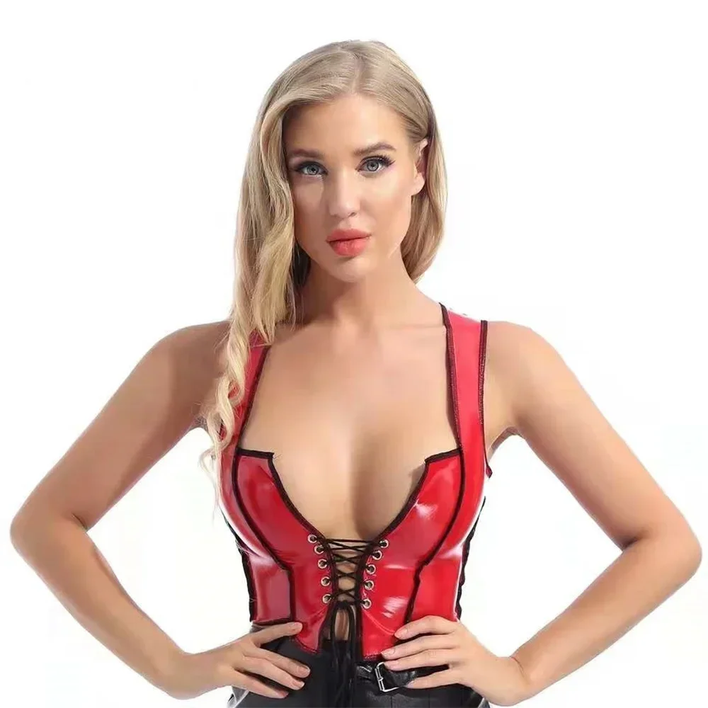 

Sexy Wet Look Leather Crop Tops Women Slim Front Lace Up Bandage Camisole Tanks Ladies Bras Vests Erotic Party Clubwear Bustier
