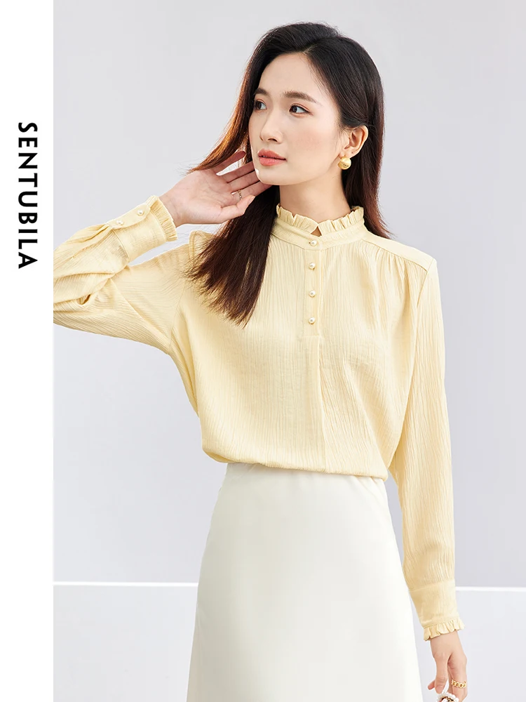 SENTUBILA Ruffles Stand Collar Shirt for Woman Elegant Button Up Women Blouses 2024 Spring Women\'s Long Sleeve Top 141C52558