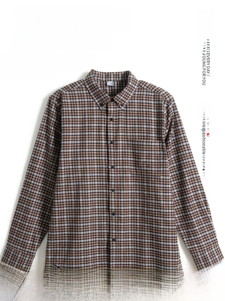 

Double-Sided Brushed Flannel Shirt Men's Mid-Aged Dad Spring Fashion Pure Cotton Plaid Shirt Elderly Autumn Winter Thickened