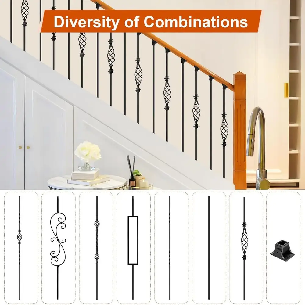 Set 10 Baluster Besi, 44 Railing Tangga dengan 20 Spindle, Interior Hitam Satin