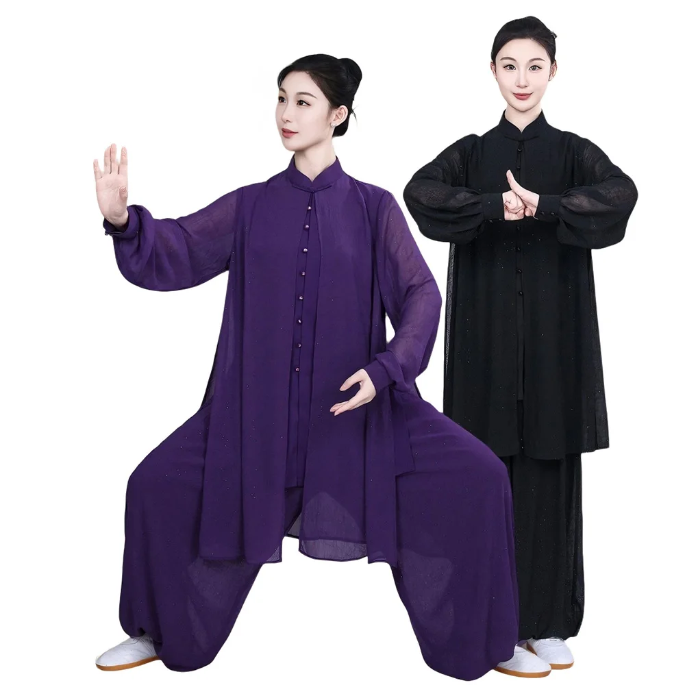 CLYFAN Sparkling  Women Tai Chi Outfit Set Stand Collar Chinese Wushu Uniform Training Performance Loose 2 Pieces Suit