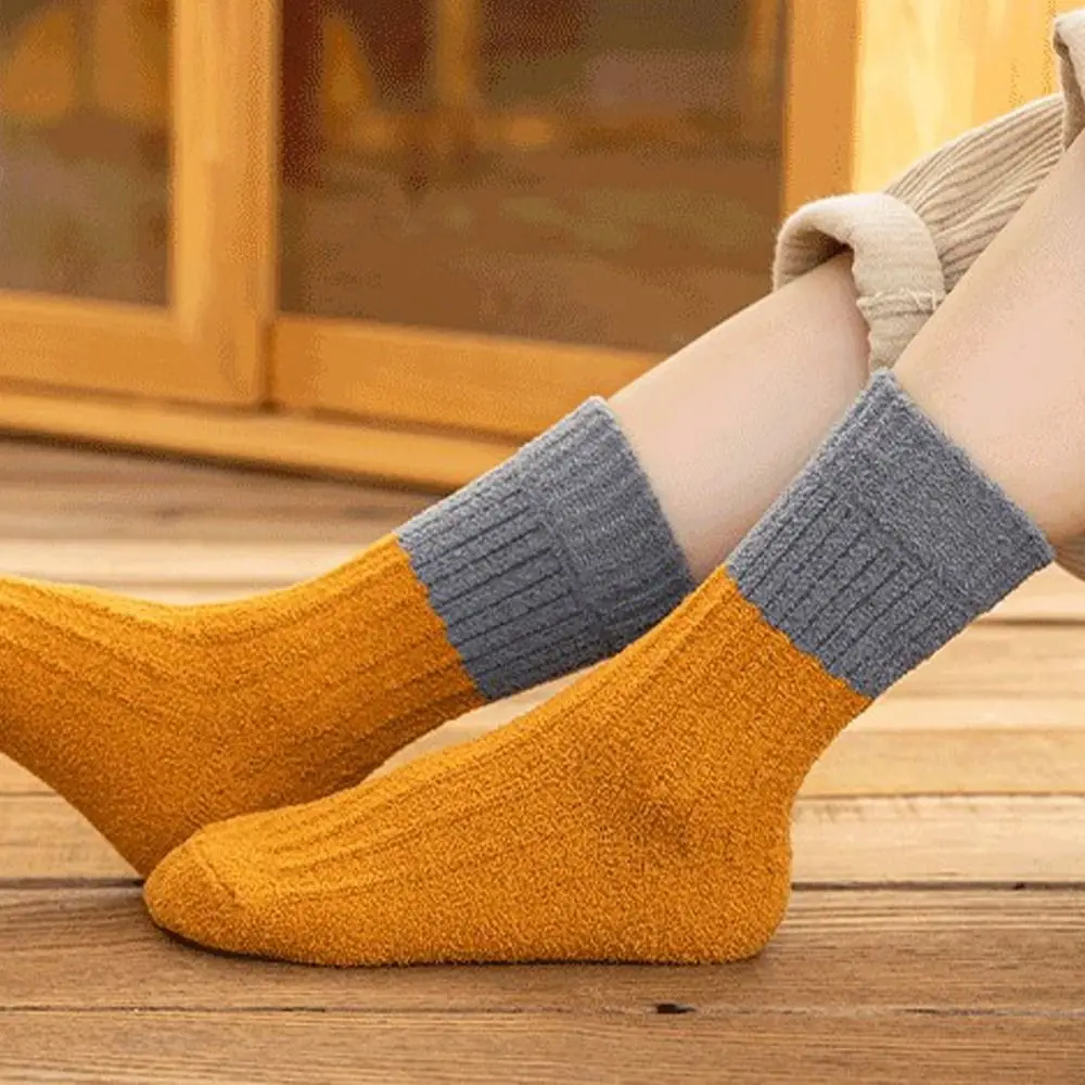 

Autumn Winter Gifts Indoor Socks Coral Fleece Patchwork Color Socks Striped Socks Mid Tube Socks Floor Socks