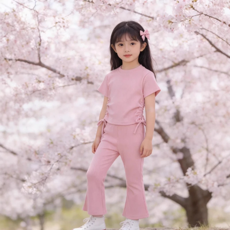 Korean-Style Girls' Short-Sleeved Summer Set New Trendy Bell-Bottom Pants Ultra-Thin Casual Two-Piece Set