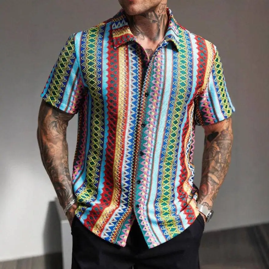 Men's Casual Comfortable Chevron Pattern Jacquard Shirt Standard Fit Short Sleeve Printed PU Leather Ethnic Style Summer Shirt