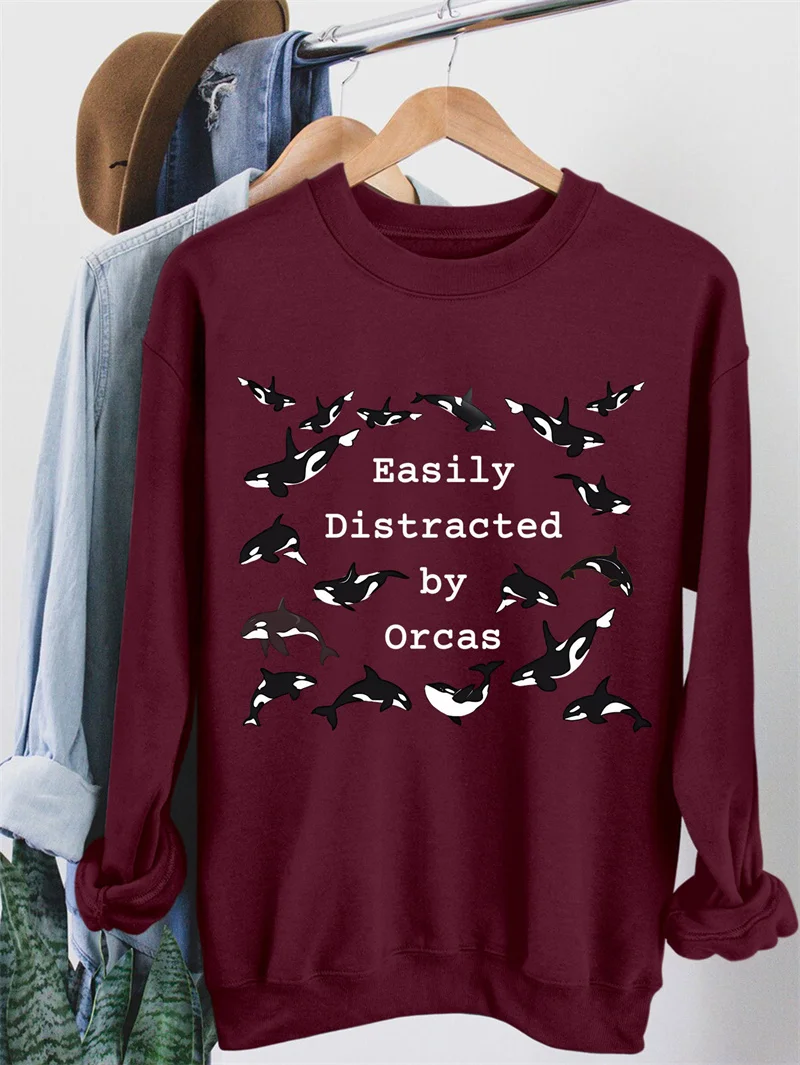 Autumn and winter warm women's clothing is easily distracted by orcas dolphin cute print fashion crewneck fleece hoodie
