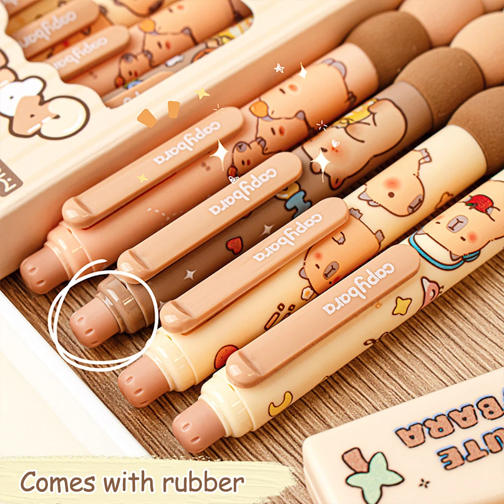 4Pcs 만화 귀여운 Capybara 지울 수있는 젤 펜 Kawaii 빠른 건조 쓰기 부드럽고 우아한 중립 펜 미적 편지지