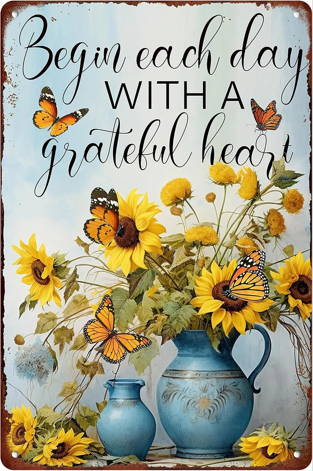 Sunflower Metal tin Sign Begin Each Day A Grateful Heart Retro Wall Decor for Home Dorm Garden Art Decoration Poster 12x8 Inch