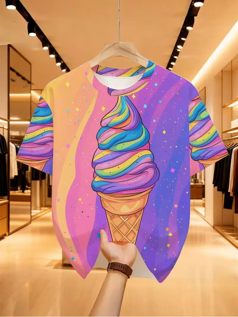 Women's Men's Rainbow Ice Cream 3D Print T-Shirt Cute Colorful Swirl Cone Graphic Tee Short Sleeve Casual Tee Streetwear